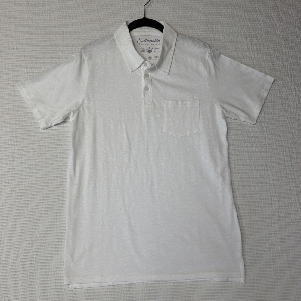 PACT Organic Luxe Stretch Jersey Slim Polo T-Shirt White Mens M Tee